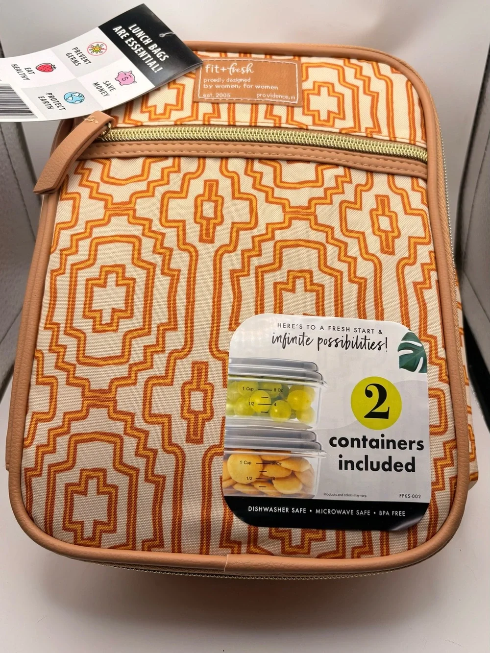 Fit + Fresh Insulated Geometric Lunch Bag w/ 2 Snap Lid Containers, BPA Free